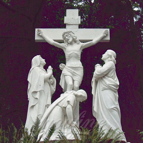 Life Size White Religious Marble Christian Jesus with cross Statue for sale