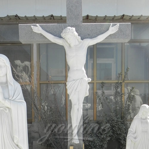 Religious Statues White Marble Jesus Statue with Cross for Church decor