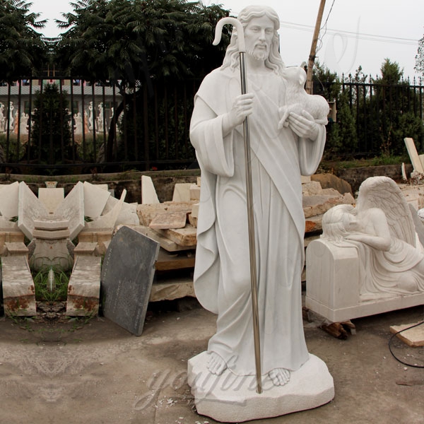 Natural Jesus Christ Shepherd Statue in White Marble for Sale CHS-292