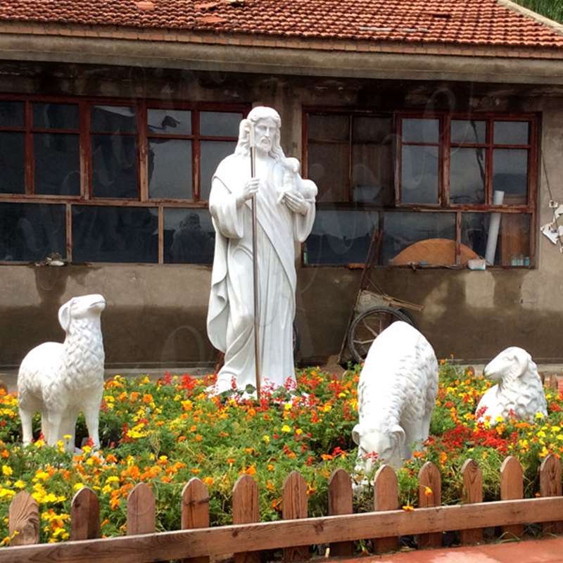 Life Size Jesus Marble Statue with Three Sheep for Garden Deocr