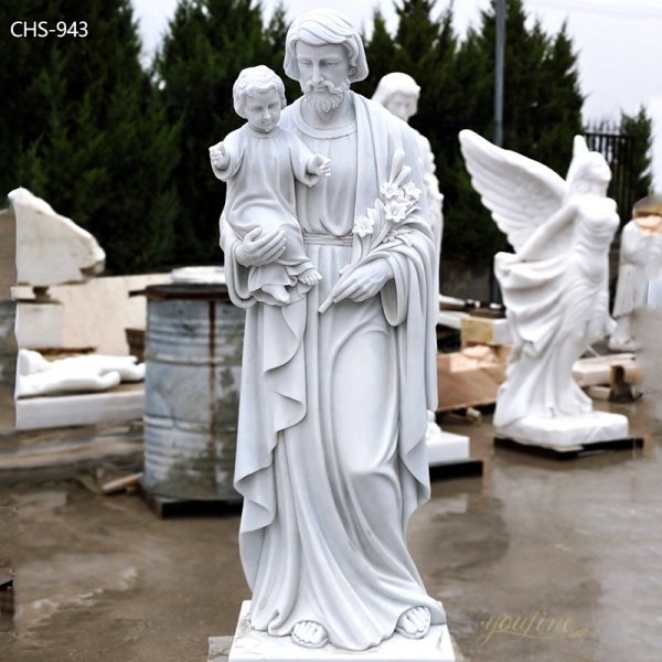 Hand Carved White Natural Marble St. Joseph Outdoor Statue for Sale