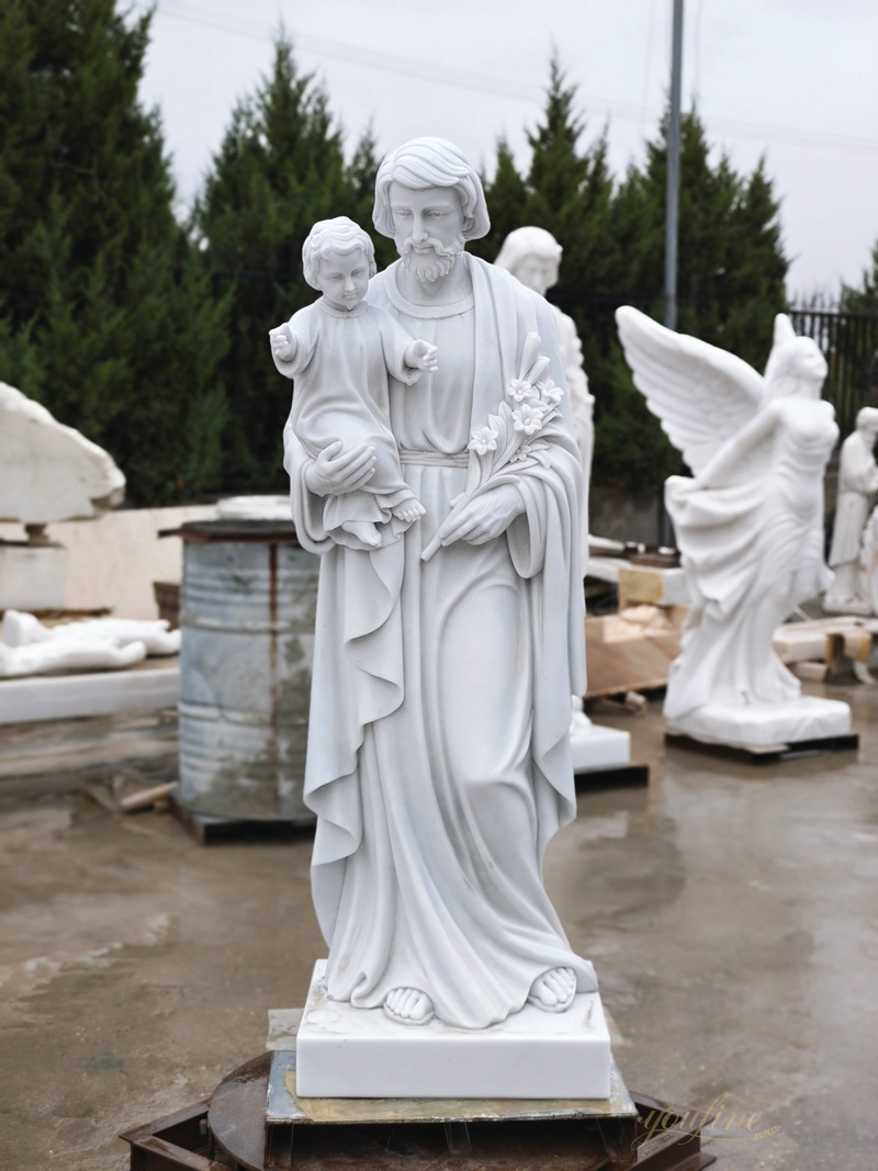 Hand Carved White Natural Marble St. Joseph Outdoor Statue for Sale